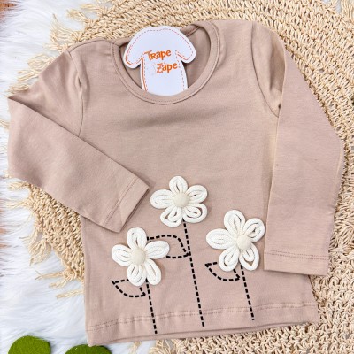 Conj. Blusa Manga Longa Flores 3D e Calça Floral - Areia